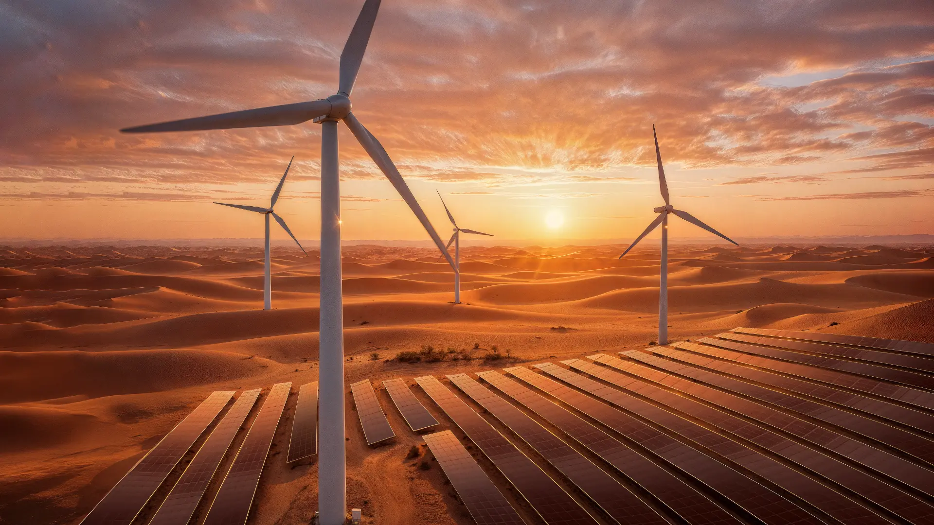 Wind turbines and solar panels generating power in a desert landscape at sunset
