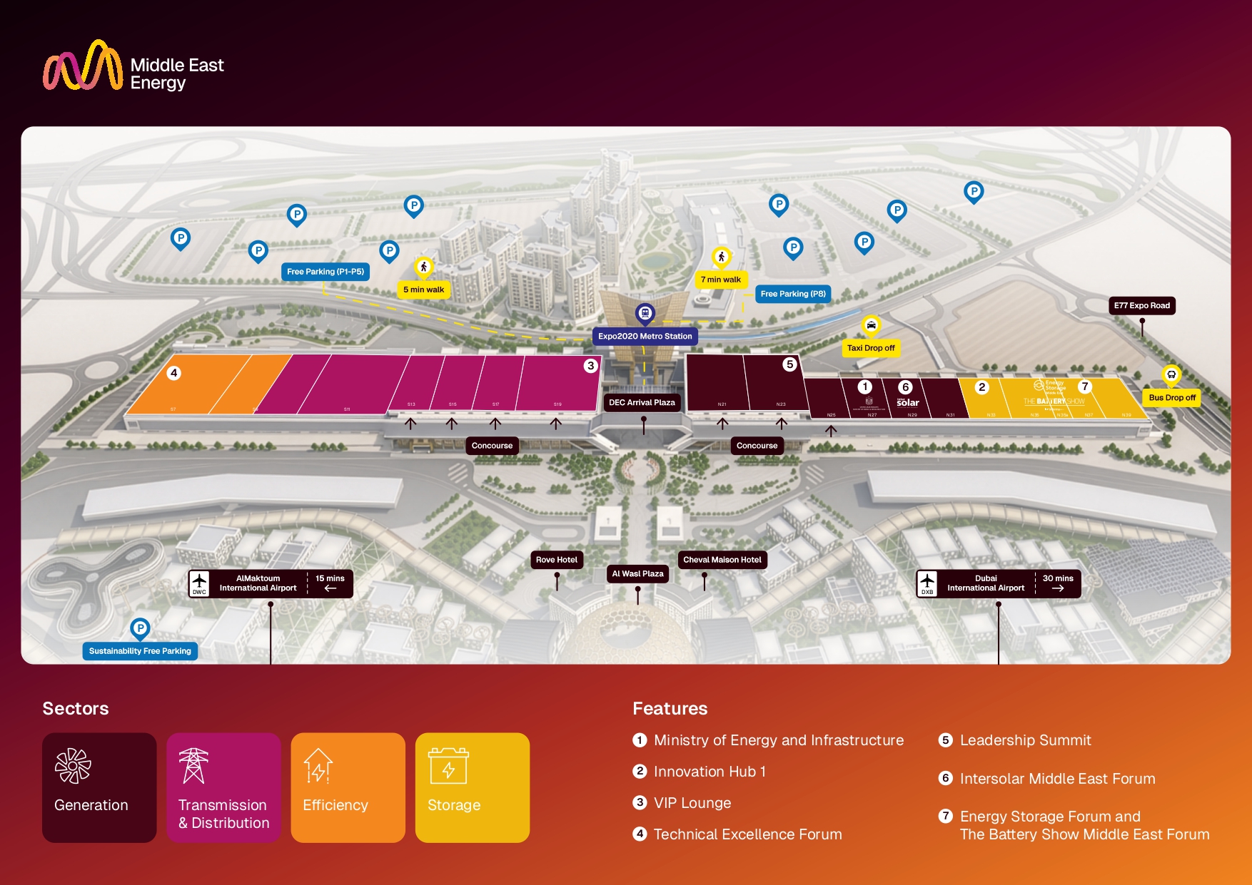 Official Middle East Energy 2027 floorplan showing sectors, forums, Metro, parking and arrivals at Dubai Exhibition Centre