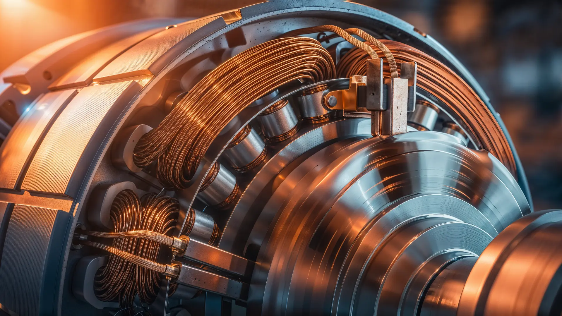 Close-up of copper windings and metal components in electrical equipment