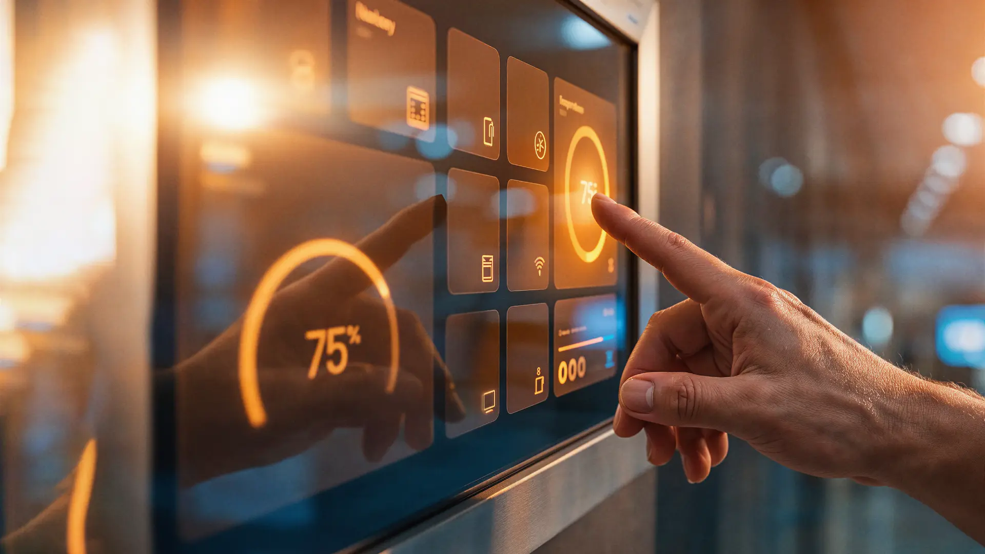 A hand using an energy management touchscreen