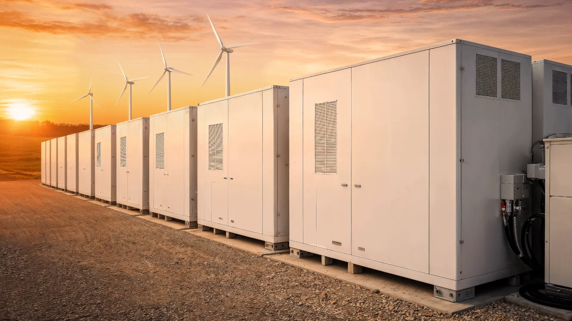 Battery energy storage containers with wind turbines at sunset